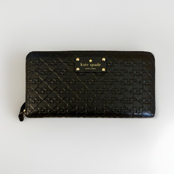 NWOT KATE SPADE Black Leather Wallet w Embossed Spades & Gold Hardware AUTHENTIC - Picture 1 of 4